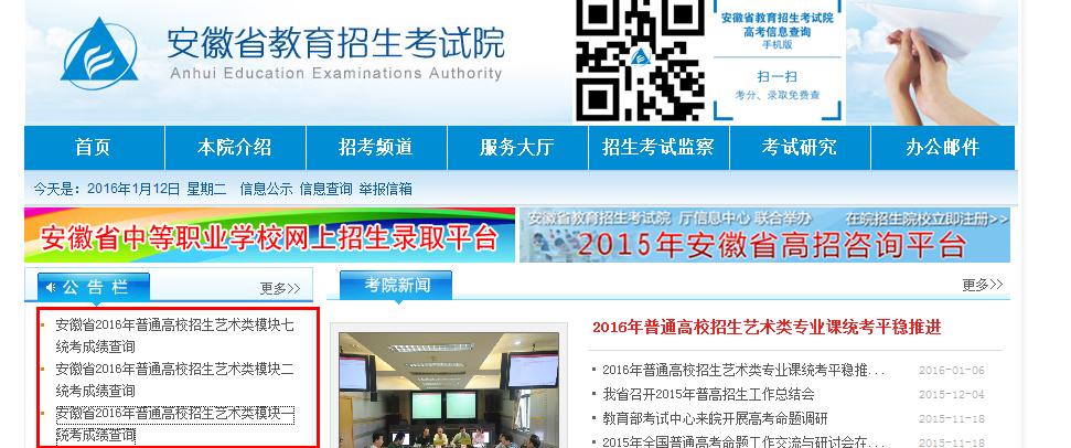 2016年安徽省美术统考成绩查询
