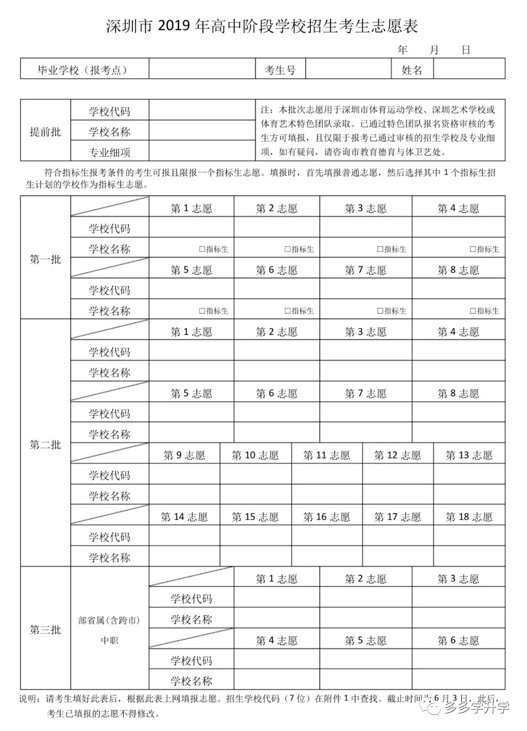 2020年深圳中考志愿填报时间-录取批次-志愿填报表