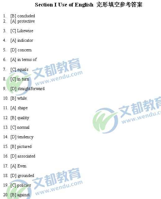 2014考研英语二完形填空答案(文都版)_2014年